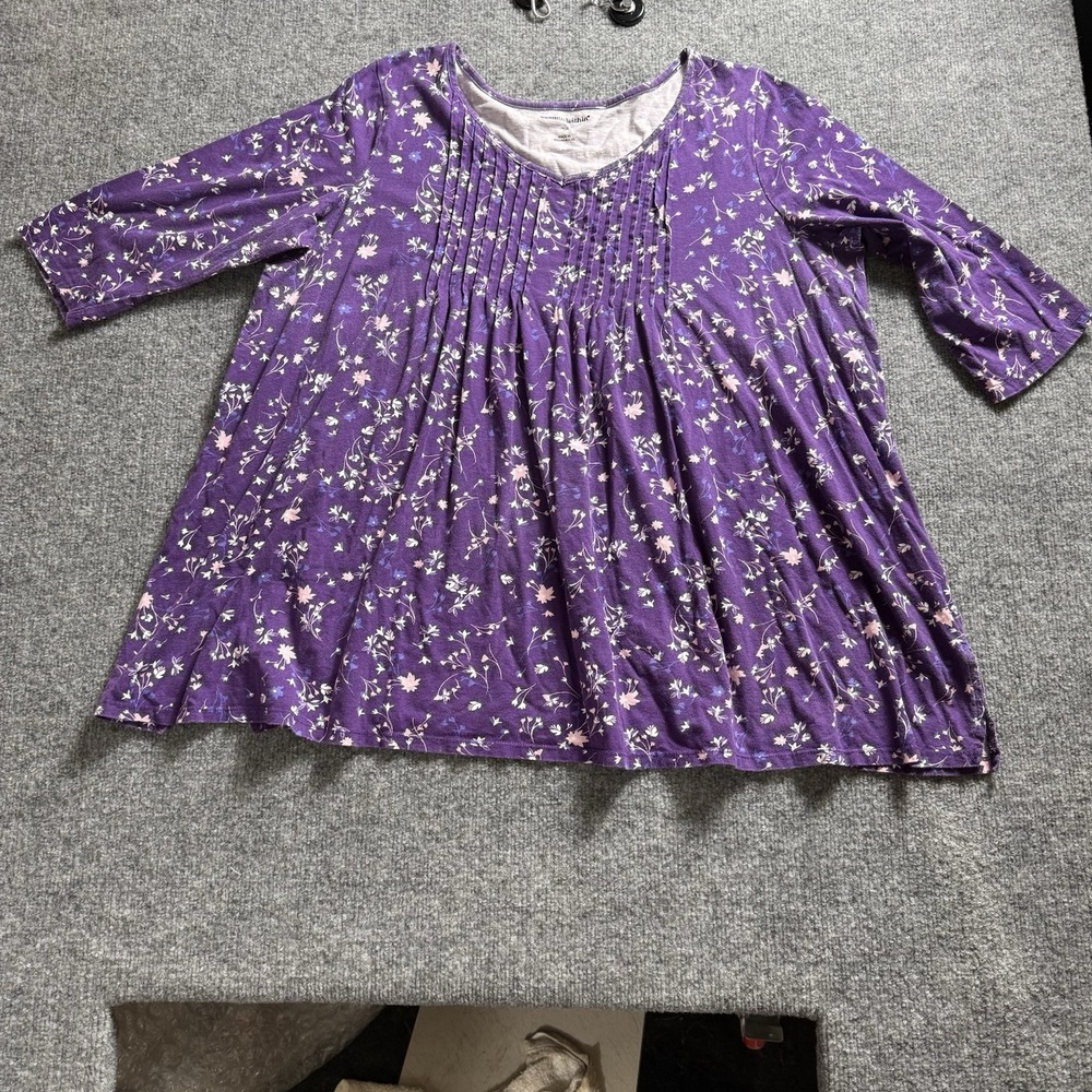 Woman Within Purple Floral Pintuck Tunic Top 3/4 Sleeve Pleated Blouse⁠ Size Lg